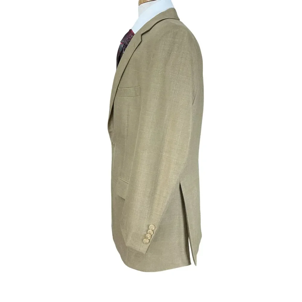 Ralph Lauren Jacket Blazer Sport Coat 44R Silk Wool Beige Windowpane 2-BTN Tan